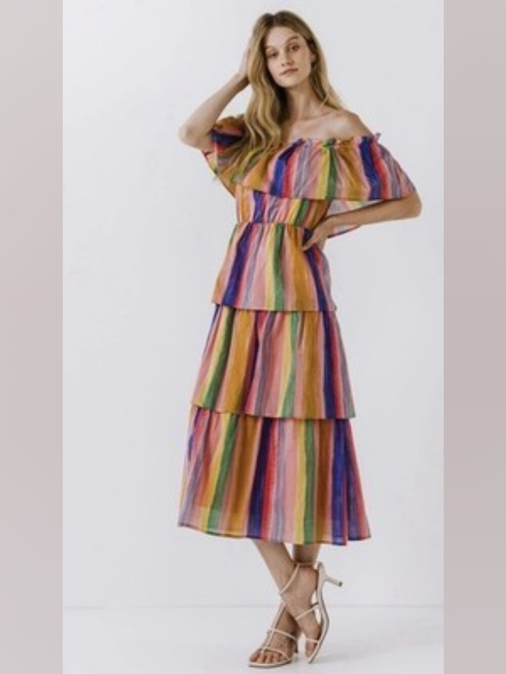 English Factory Multicolor Off The-Shoulder Tiered Stripe Lined Midi Dress